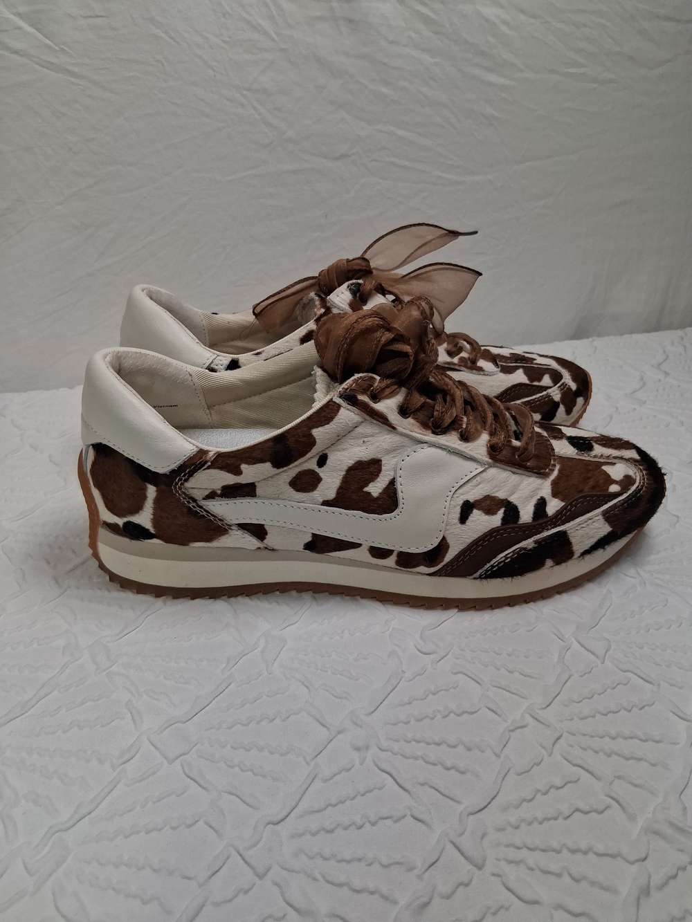 Dolce Vita Women's Cowhide-Pattern Lace-Up Sneakers in Brown and White